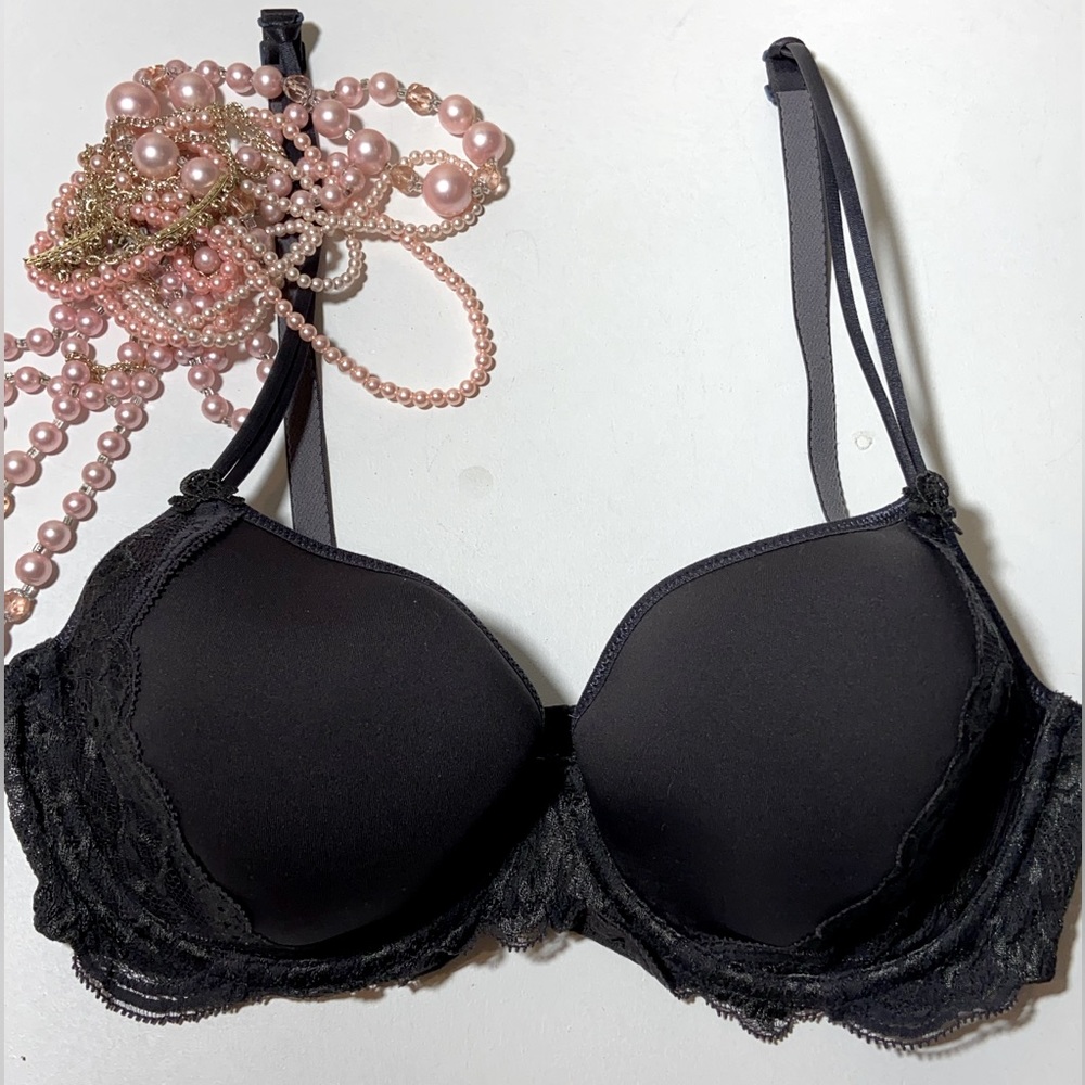 Simone Perele Paris Plunge Bra Black Scalloped Floral Lace Made in France 34B - Picture 2 of 12